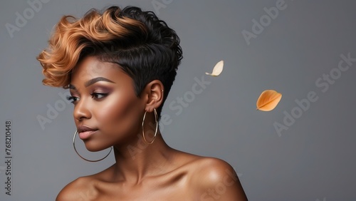 Charming attractive young model black woman demonstrating short hairdress dyed hair style