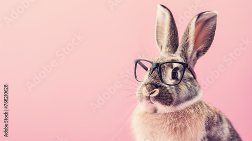 Coelho usando óculos isolado no fundo rosa 