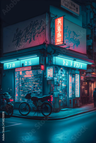 Streets of Tokyo city night, neon lights, hand drawn illustration