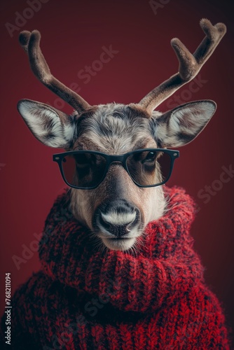 reindeer, sunglasses, fun, isolated, red background, 