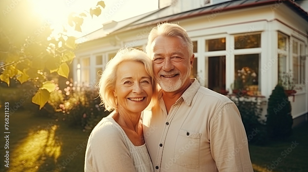 Senior cheerful couple with grey hair, man and woman standing before nice house with green lawn
