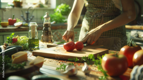 Hands chop garlic on a wooden board among fresh tomatoes and herbs in a sunny kitchen.