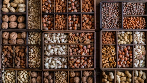 nuts, such as walnuts and hazelnuts, presented in wooden boxes, with a background of various whole peanuts arranged on the table, in a high-angle view realistic photo.