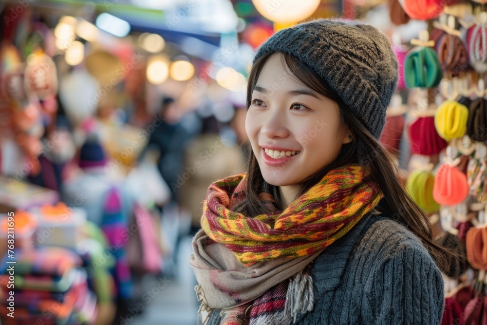 Cheerful in her winter attire, a joyful Asian woman savors the festive atmosphere of the colorful market street Cheerful in her winter attire, a joyful Asian woman savors the festive atmosphere of the colorful market street