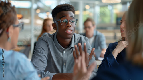 A young man in glasses actively engaging in a discussion at a business meeting.