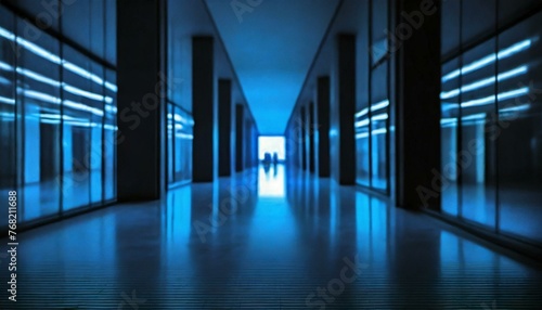 Serene Space: Panoramic Image of Light Blue Blurred Office Corridor