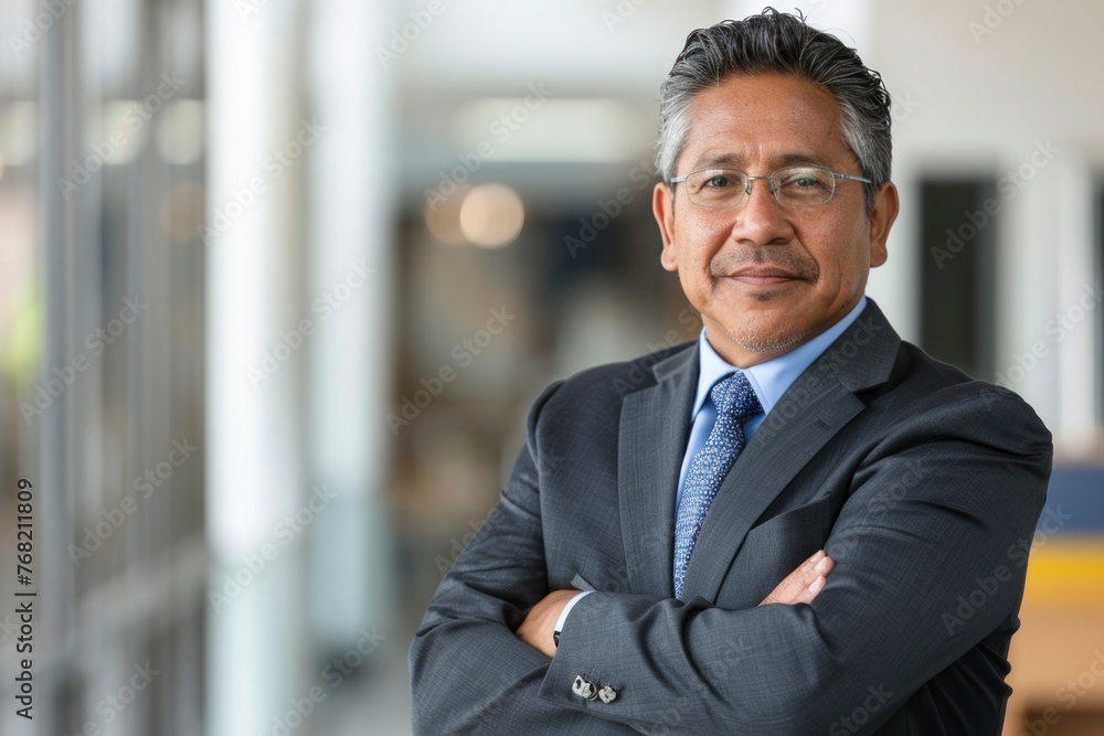 An accomplished Latino executive in a tailored suit smiles confidently, his warm demeanor and professional poise evident in a bright office. An accomplished Latino executive in a tailored suit smiles confidently, his warm demeanor and professional poise evident in a bright office.