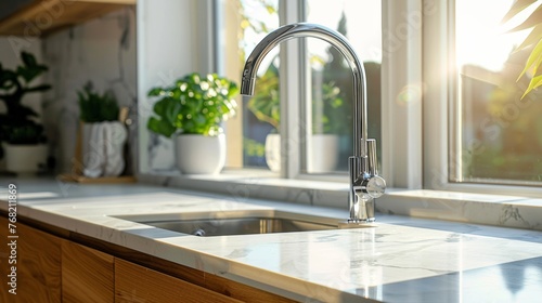 A modern kitchen interior highlighting a stainless steel faucet over a sink