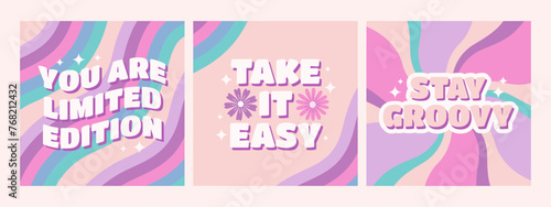 Photos Set of groovy retro positive phrases in pastel colors