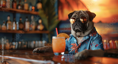 Tropical Canine Chill: A relaxed pug enjoys a mocktail at a sunset beach bar