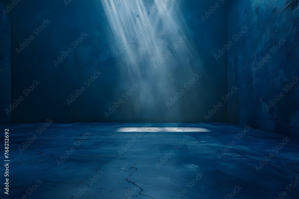 Empty dark blue room with concrete floor and spotlight ideal for dramatic or mysterious themed designs. Concept Dark Blue Room, Concrete Floor, Spotlight, Dramatic Design, Mysterious Theme - obrazy, fototapety, plakaty 