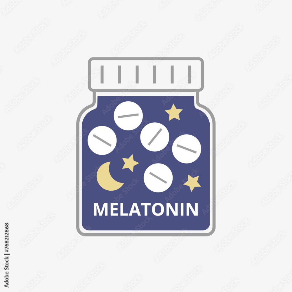 Melatonin Bottle with pills. Capsules for sleep. Insomnia illness. Vector illustration Melatonin Bottle with pills. Capsules for sleep. Insomnia illness. Vector illustration