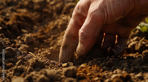A hand places seeds into fertile soil with young sprouts in the background.