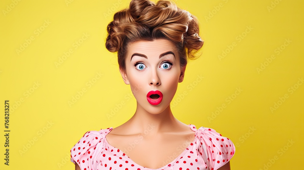 surprised young woman, retro pin up hair style and make up,