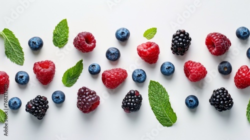 Assorted berries with mint on white