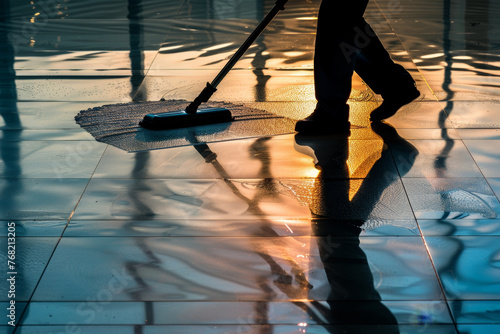 An abstract image of a professional cleaner at work, their shadow stretching across a freshly cleaned floor.