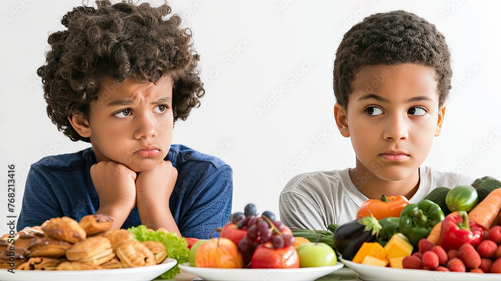 a young boy seats at a table, his wistful expression directed towards an array of fruits on a tray nearby, with pastries or donuts displayed on a plate in front of him against a white backdrop. a young boy seats at a table, his wistful expression directed towards an array of fruits on a tray nearby, with pastries or donuts displayed on a plate in front of him against a white backdrop.