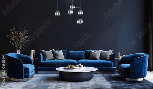 Sala cheia de estilo moderna em tons de azul photo