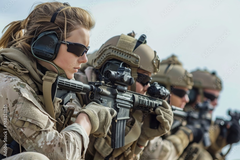 A group of women dressed in military gear and armed with guns stand together, A group of women soldiers in special forces displaying their combat skills, AI Generated
