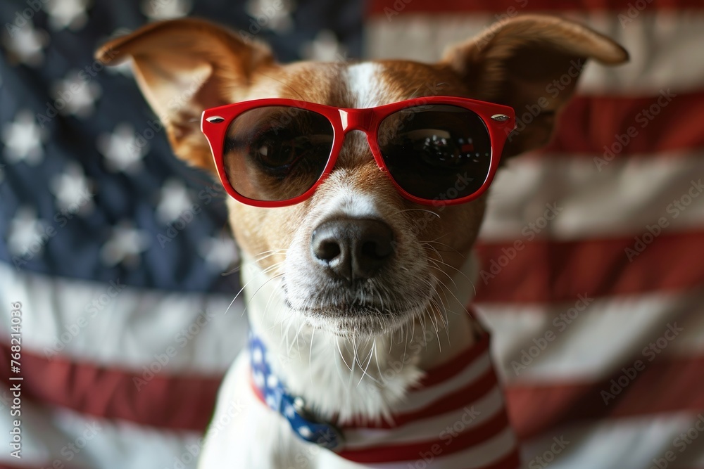 A dog wearing sunglasses and an american flag