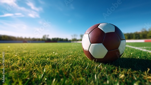 A photo of a close-up of a football on a field. © Sumaira