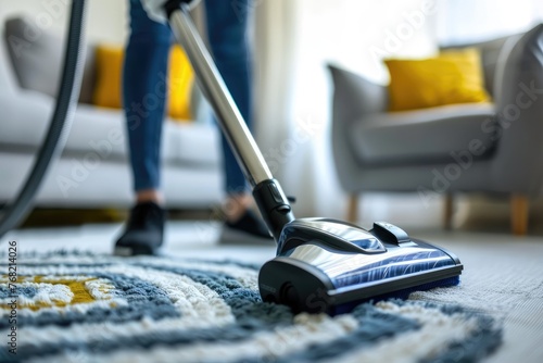 Person vacuum cleaning a colorful rug