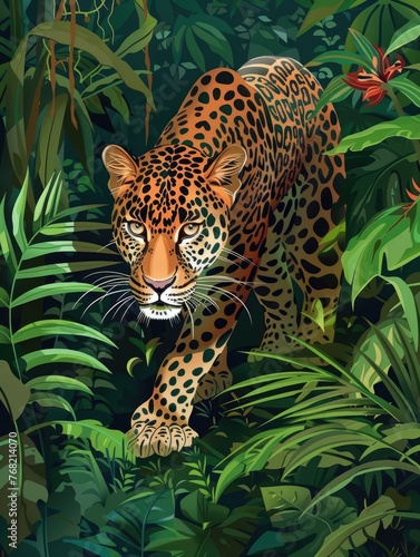 Head of a jaguar among the leaves in the jungle  Panthera onca.