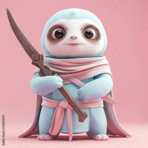 Baby-Sloth as barbarians, in a standing posture wielding a weapon. Imbue the scene with pastel color photo