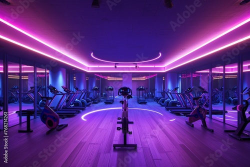A well-equipped gym illuminated with purple lighting showcases a row of functional treadmills ready for use, A gym with a dedicated area for spinning classes, AI Generated photo