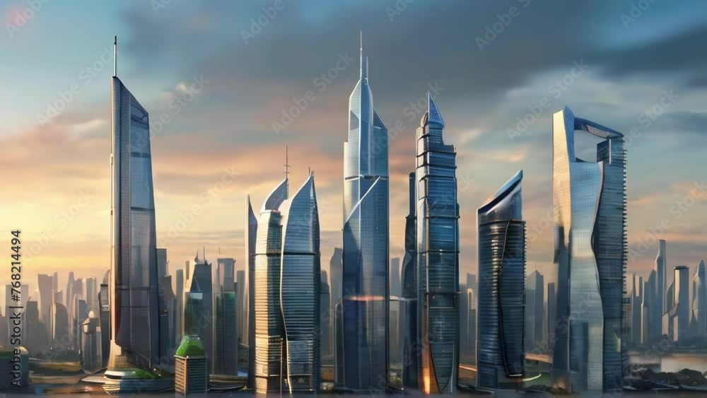 Futuristic cityscape with skyscrapers. Modern city skyline. Sleek ...