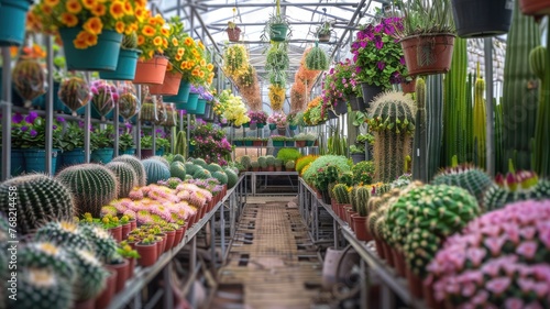 colorful flower seedlings and cacti nestled in pots, flourishing on shelves within a modern plantations warehouse, the bustling atmosphere of a garden center or home gardening shop interior. photo