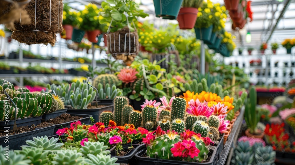 colorful flower seedlings and cacti nestled in pots, flourishing on shelves within a modern plantations warehouse, the bustling atmosphere of a garden center or home gardening shop interior.