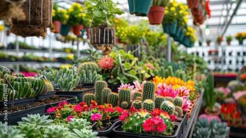 colorful flower seedlings and cacti nestled in pots, flourishing on shelves within a modern plantations warehouse, the bustling atmosphere of a garden center or home gardening shop interior. © lililia