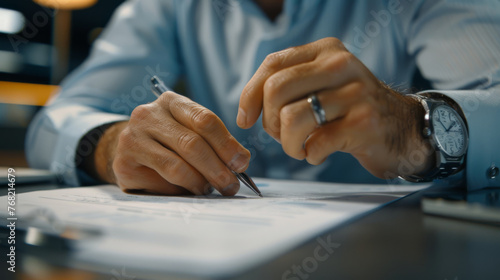 Hands with a pen over financial documents with a laptop and calculator on the desk.
