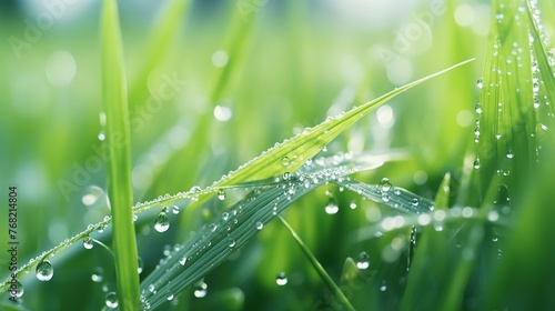 Beautiful green juicy fresh grass with drops of morning dew or water on blurred rays of sunlight. Natural background.