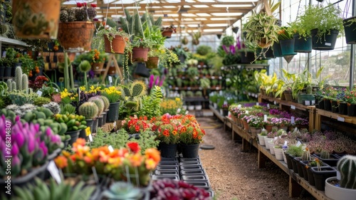 colorful flower seedlings and cacti nestled in pots, flourishing on shelves within a modern plantations warehouse, the bustling atmosphere of a garden center or home gardening shop interior.