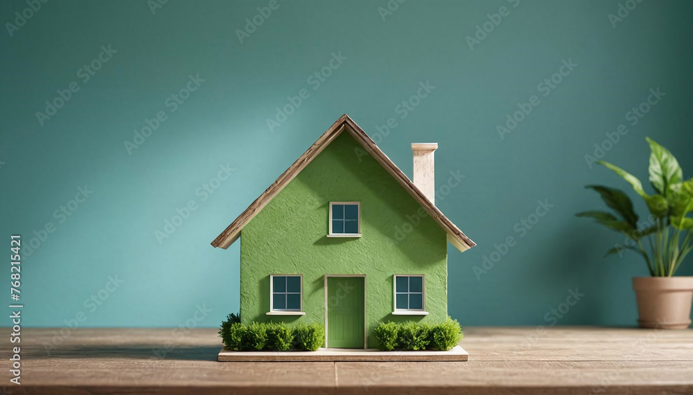 Modèle miniature de maison sur une table, isolée sur fond bleu. Concept construction immobilier vert et durable - IA générative	 - obrazy, fototapety, plakaty 