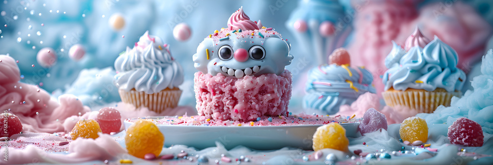 A whimsical monster resembling a dessert stands,
3D rendering of the fantastic colorful
