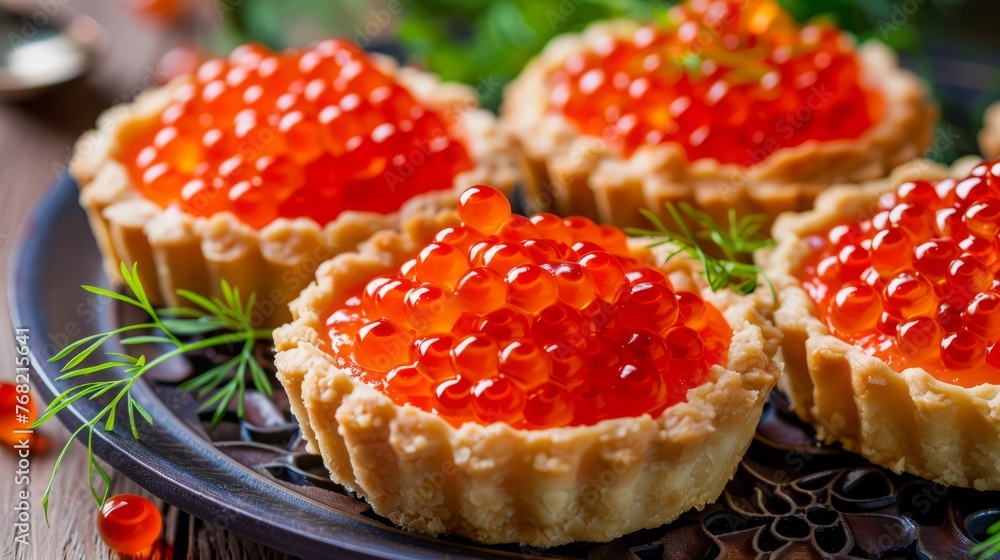 red caviar in tartlets. red caviar in tartlets.
