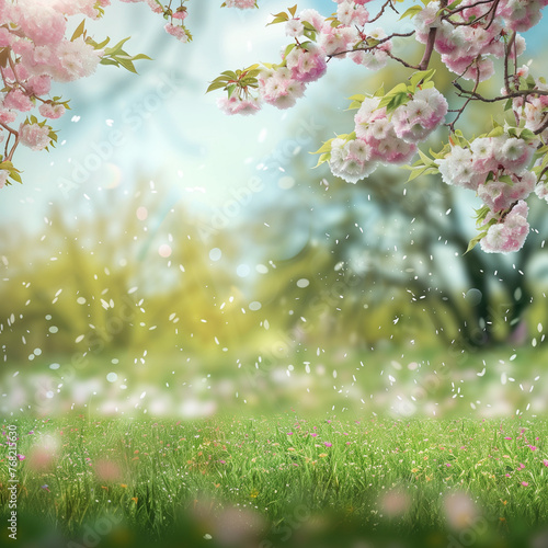 Cherry Blossoms & Petals Falling Over Green Meadow, Idyllic Spring Day in Nature Background Wallpaper © BreezeWorks