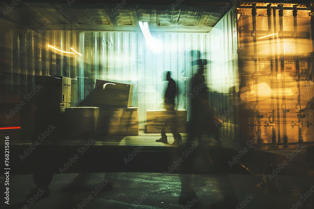 An abstract image of movers unloading boxes from a container truck at night