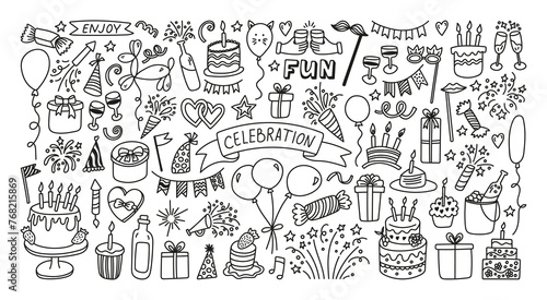 Big celebration doodle collection. Hand drawn party time clipart for birthday or holiday