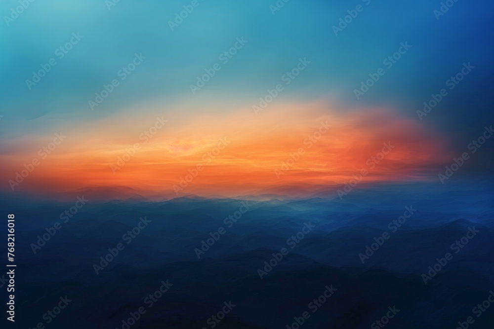This photo depicts a painting featuring a vibrant sunset casting warm hues over a majestic mountain range, A harmonic gradient of sunset hues from deep orange to twilight blue, AI Generated