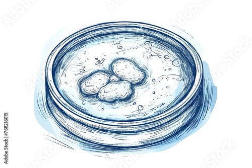A detailed drawing depicting a bowl of soup with three rocks placed inside, creating an interesting visual composition, A hand-drawn sketch of a Petri dish, AI Generated photo