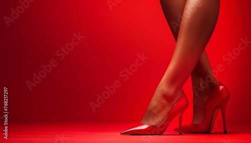 Fashionable woman in red high heels posing on vibrant red backdrop with black stockings