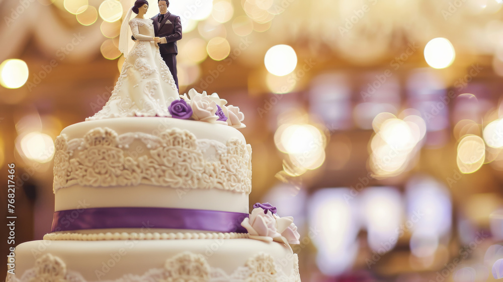 A tiered wedding cake with an elegant couple topper stands highlighted against a bokeh light background. A tiered wedding cake with an elegant couple topper stands highlighted against a bokeh light background.