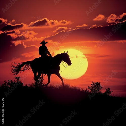 A cowboy in the wild west, at sunset a cowboy on a wild horse is particularly scary - the image is of very high quality