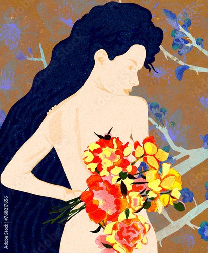 Młoda kobieta z długimi włosami i bukietem kwiatów na barwnym abstrakcyjnym tle. © Monika