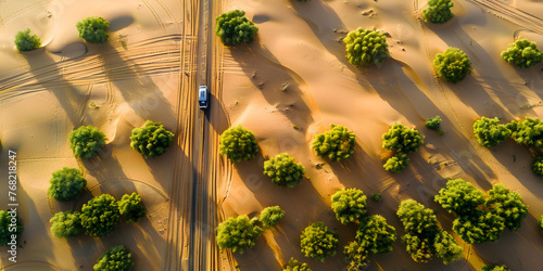 Aerial view of a car driving through the sand dunes in Dubai, United Arab Emirates