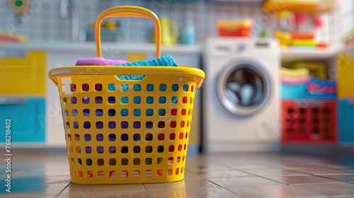 yellow full  Laundry basket on white background of modern washing machine. Generative AI